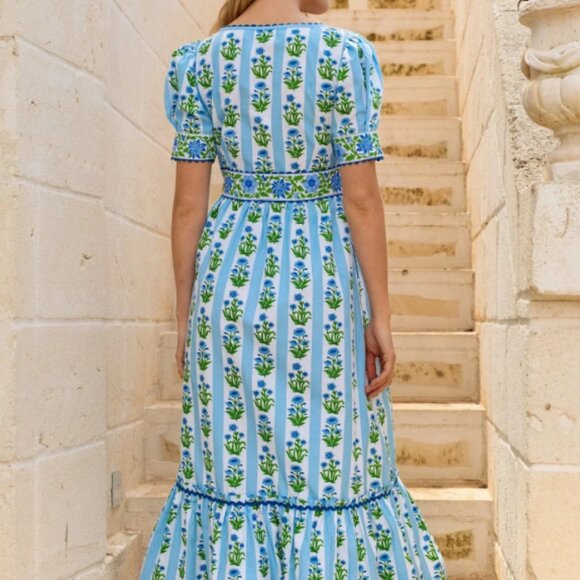 Pink City Prints Evelyn Dress Sky Lily Stripe Blue Floral Block Print Large - Picture 3 of 14